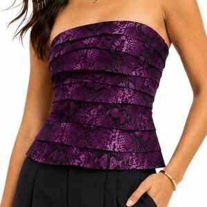 White House Black Market Purple Snakeskin Strapless Tiered Ruffle Peplum Top 00